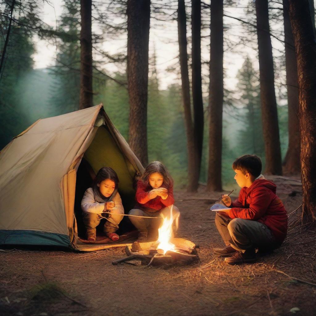 Four children camping; sitting by a campfire with matches nearby and a first aid kit. A hammock strung between two trees and a tent beside it. A child pointing a flashlight towards the tent.