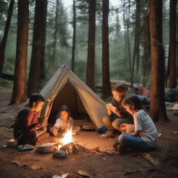 Four children camping; sitting by a campfire with matches nearby and a first aid kit. A hammock strung between two trees and a tent beside it. A child pointing a flashlight towards the tent.