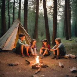 Four children camping; sitting by a campfire with matches nearby and a first aid kit. A hammock strung between two trees and a tent beside it. A child pointing a flashlight towards the tent.