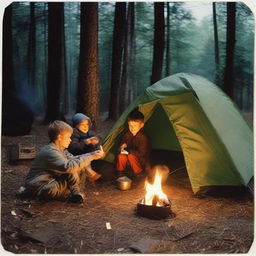 Four children camping; sitting by a campfire with matches nearby and a first aid kit. A hammock strung between two trees and a tent beside it. A child pointing a flashlight towards the tent.