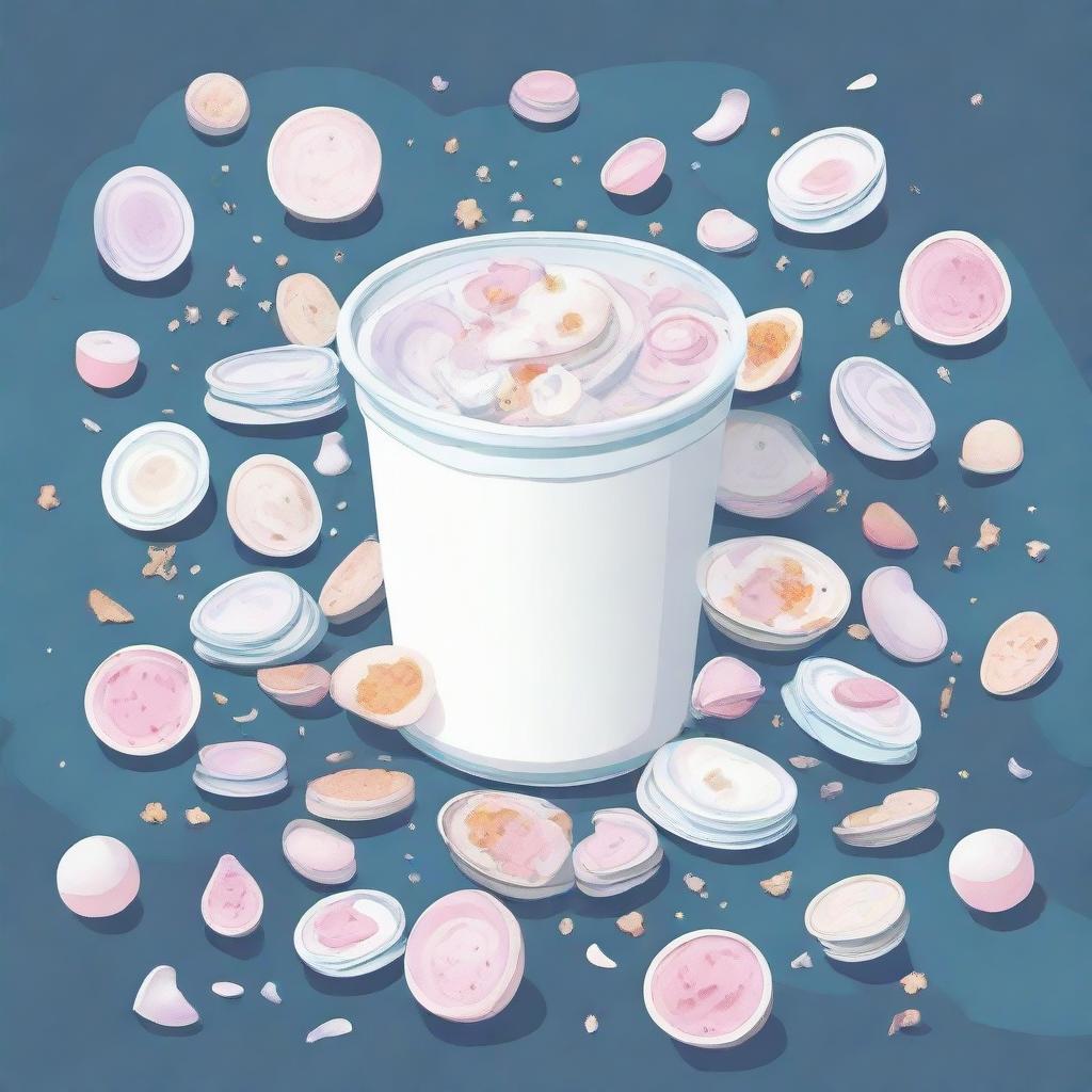 An illustration of a cosmos filled with littered objects, primarily empty yogurt cups.