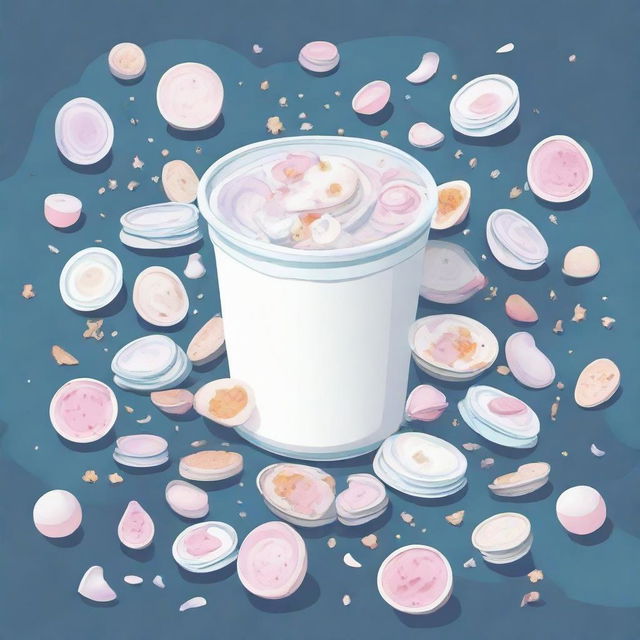 An illustration of a cosmos filled with littered objects, primarily empty yogurt cups.