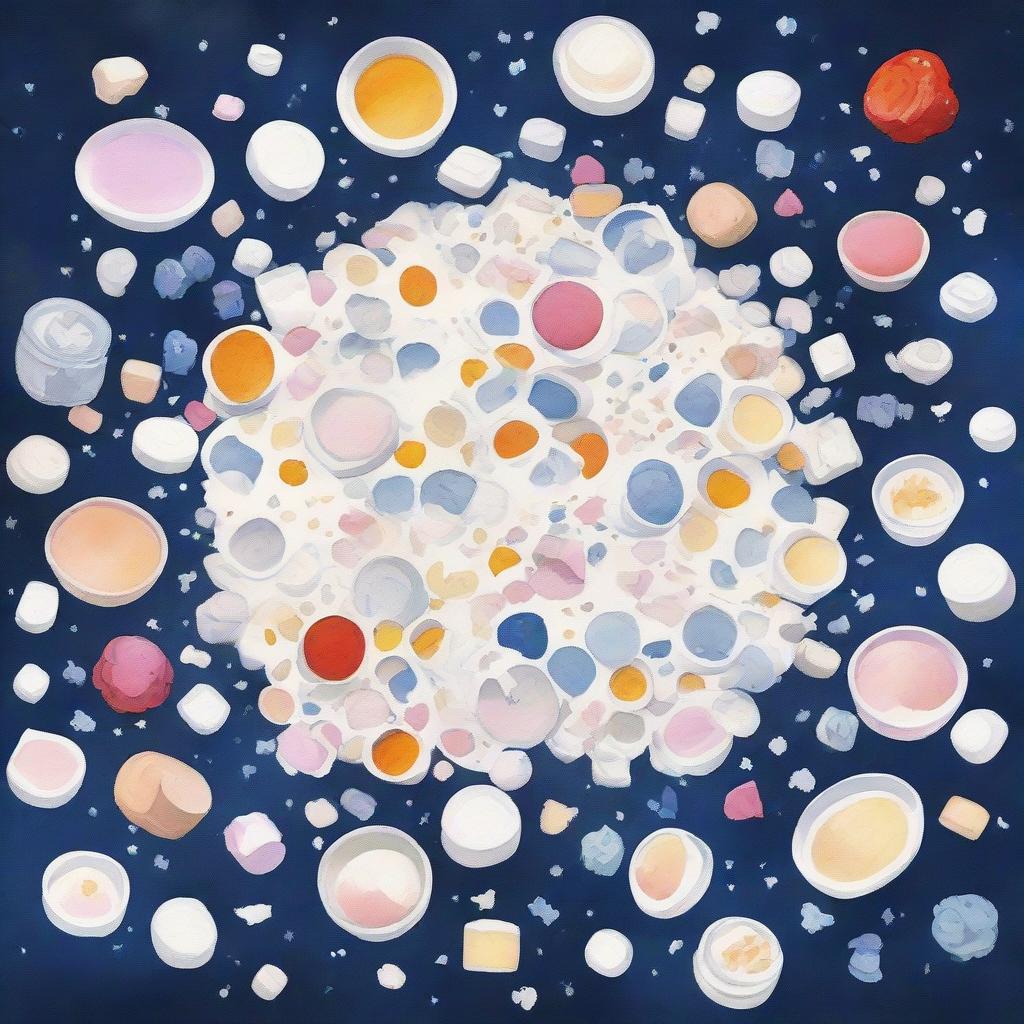 An illustration of a cosmos filled with littered objects, primarily empty yogurt cups.