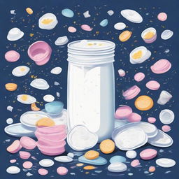 An illustration of a cosmos filled with littered objects, primarily empty yogurt cups.