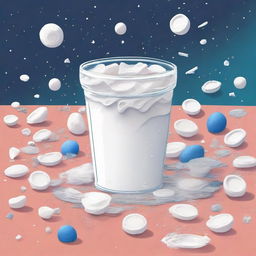 An illustration of a cosmos filled with littered objects, primarily empty yogurt cups.