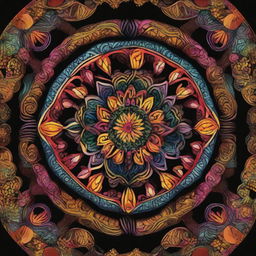 A vibrant, intricate mandala with rich, colorful patterns set against a deep black background.