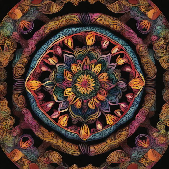 A vibrant, intricate mandala with rich, colorful patterns set against a deep black background.