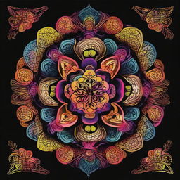 A vibrant, intricate mandala with rich, colorful patterns set against a deep black background.