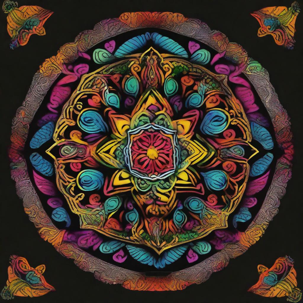 A vibrant, intricate mandala with rich, colorful patterns set against a deep black background.