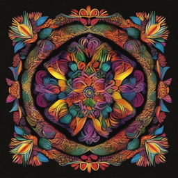 A vibrant, intricate mandala with rich, colorful patterns set against a deep black background.