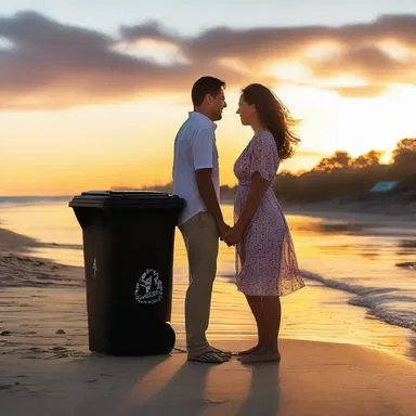 Despite the fetid odor coming from the nearby trash cans, the couple found beauty in the romantic sunset by the beach.
