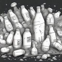 A dark-themed drawing highlighting a heap of trash overwhelmingly populated by empty yogurt bottles, exuding a pungent odor and inducing a sense of despondency.