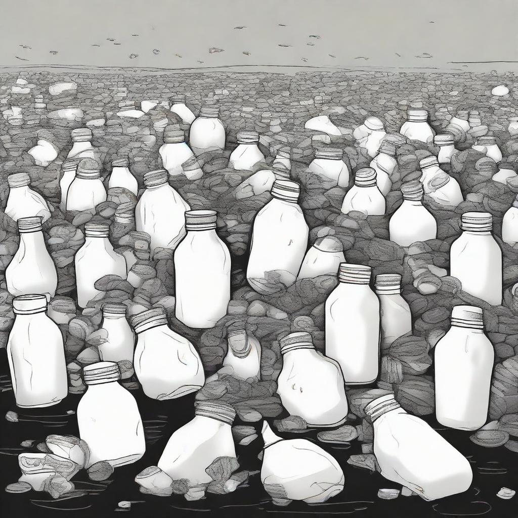 A dark-themed drawing highlighting a heap of trash overwhelmingly populated by empty yogurt bottles, exuding a pungent odor and inducing a sense of despondency.