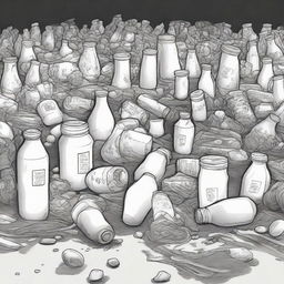 A dark-themed drawing highlighting a heap of trash overwhelmingly populated by empty yogurt bottles, exuding a pungent odor and inducing a sense of despondency.