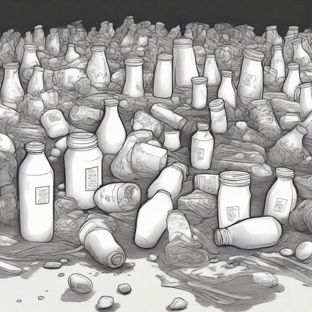 A dark-themed drawing highlighting a heap of trash overwhelmingly populated by empty yogurt bottles, exuding a pungent odor and inducing a sense of despondency.