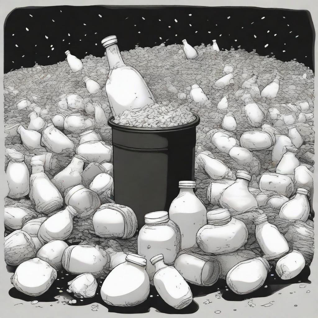 A dark-themed drawing highlighting a heap of trash overwhelmingly populated by empty yogurt bottles, exuding a pungent odor and inducing a sense of despondency.