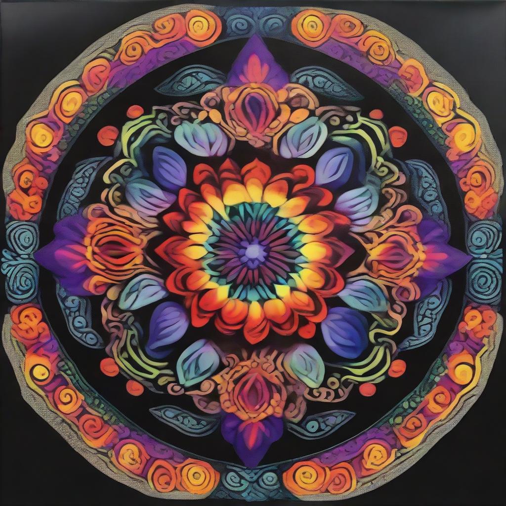 A vibrant mandala showcasing opulent, colorful floral patterns emerging strikingly from a stark black canvas.