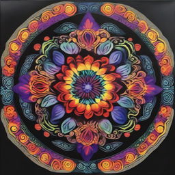 A vibrant mandala showcasing opulent, colorful floral patterns emerging strikingly from a stark black canvas.