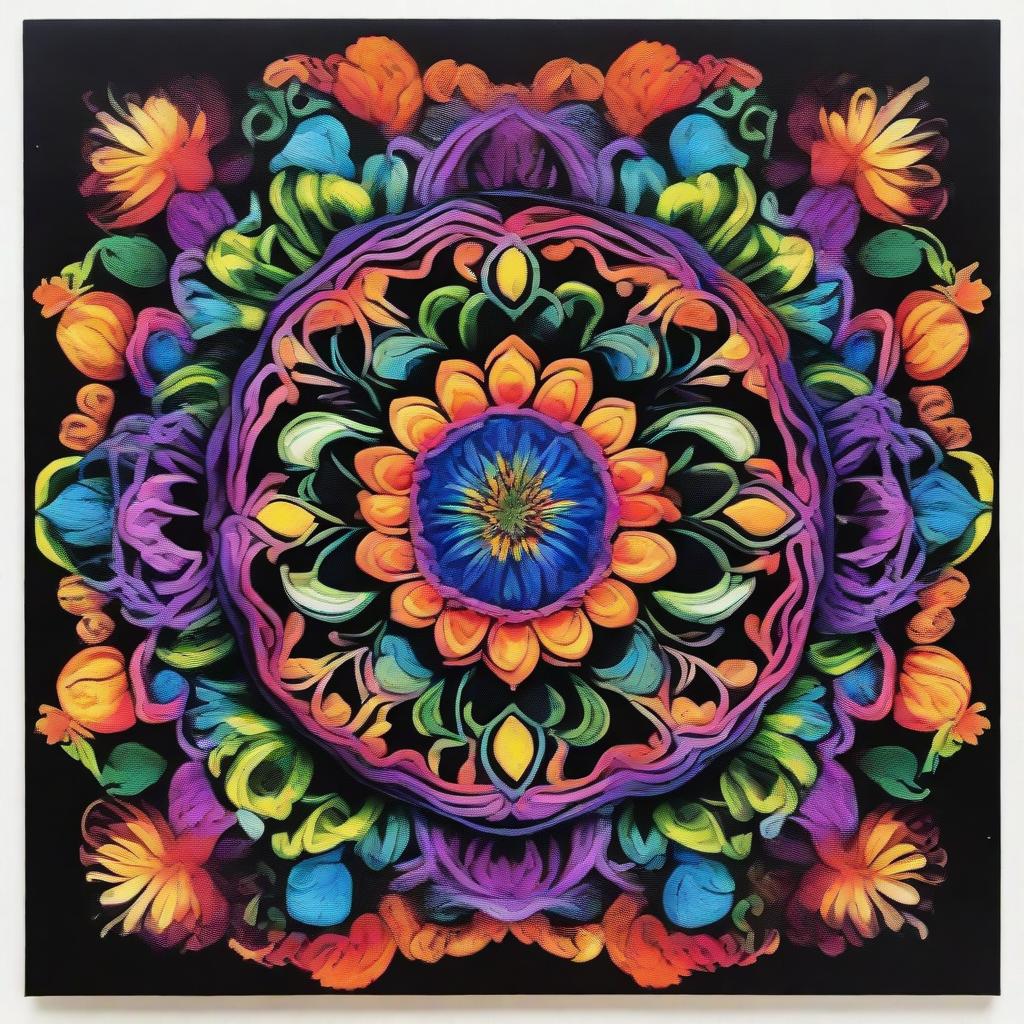 A vibrant mandala showcasing opulent, colorful floral patterns emerging strikingly from a stark black canvas.