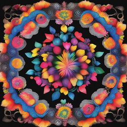 A vibrant mandala showcasing opulent, colorful floral patterns emerging strikingly from a stark black canvas.