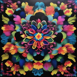 A vibrant mandala showcasing opulent, colorful floral patterns emerging strikingly from a stark black canvas.