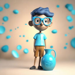 A 3D model of a boy, symbolizing the Aquarius zodiac, sporting stylish glasses, holding the hallmark water jug, set against an abstract background.