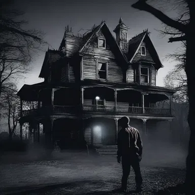 In the horror movie, the main character enquires about the haunted house's dark past.