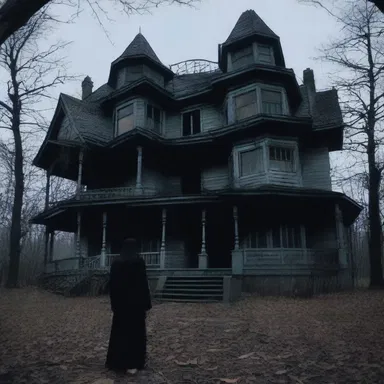 In the horror movie, the main character enquires about the haunted house's dark past.