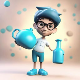 A 3D model of a boy, symbolizing the Aquarius zodiac, sporting stylish glasses, holding the hallmark water jug, set against an abstract background.