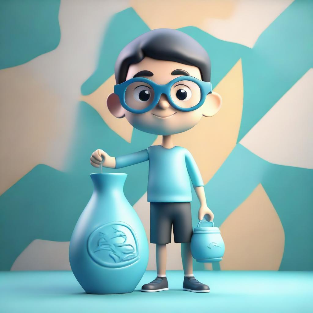 A 3D model of a boy, symbolizing the Aquarius zodiac, sporting stylish glasses, holding the hallmark water jug, set against an abstract background.