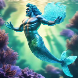 A 3D depiction of a magnificent merman with glistening aquamarine scales, swimming gracefully in a vibrant underwater world.