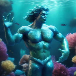 A 3D depiction of a magnificent merman with glistening aquamarine scales, swimming gracefully in a vibrant underwater world.