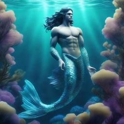 A 3D depiction of a magnificent merman with glistening aquamarine scales, swimming gracefully in a vibrant underwater world.