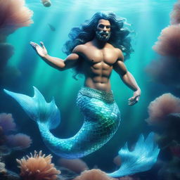 A 3D depiction of a magnificent merman with glistening aquamarine scales, swimming gracefully in a vibrant underwater world.