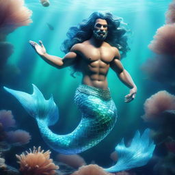 A 3D depiction of a magnificent merman with glistening aquamarine scales, swimming gracefully in a vibrant underwater world.