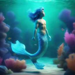 A 3D illustration of a charming merman with a vibrant, shimmering aquamarine tail, exploring the enchanting underwater realm.