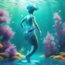 A 3D illustration of a charming merman with a vibrant, shimmering aquamarine tail, exploring the enchanting underwater realm.