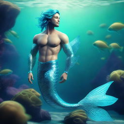 A 3D illustration of a charming merman with a vibrant, shimmering aquamarine tail, exploring the enchanting underwater realm.