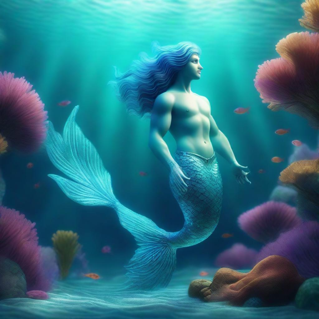 A 3D illustration of a charming merman with a vibrant, shimmering aquamarine tail, exploring the enchanting underwater realm.