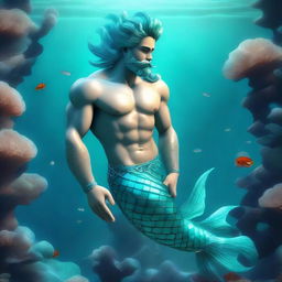 3D design of a lovable merman with a striking aquamarine tail, in a lively and rich underwater setting.