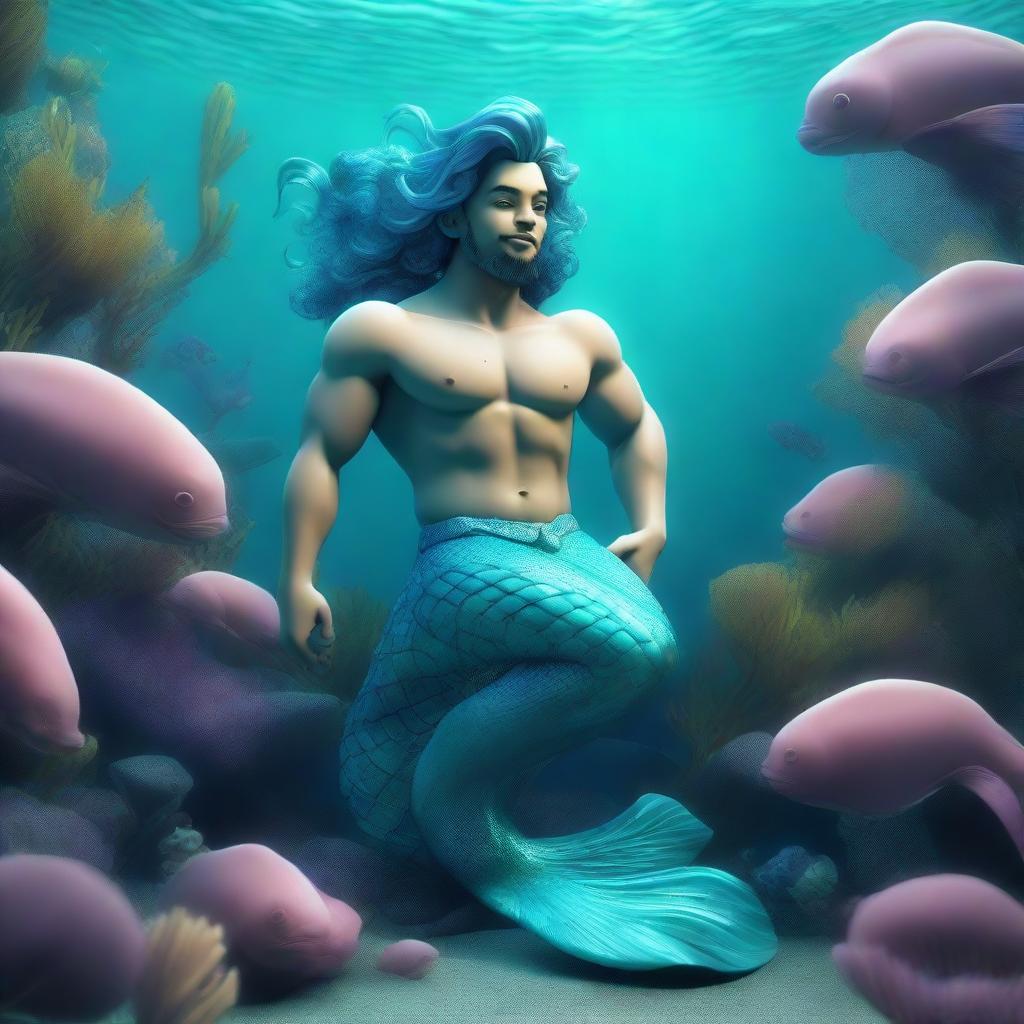 3D design of a lovable merman with a striking aquamarine tail, in a lively and rich underwater setting.