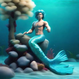 3D design of a lovable merman with a striking aquamarine tail, in a lively and rich underwater setting.