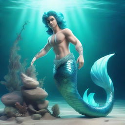 3D design of a lovable merman with a striking aquamarine tail, in a lively and rich underwater setting.