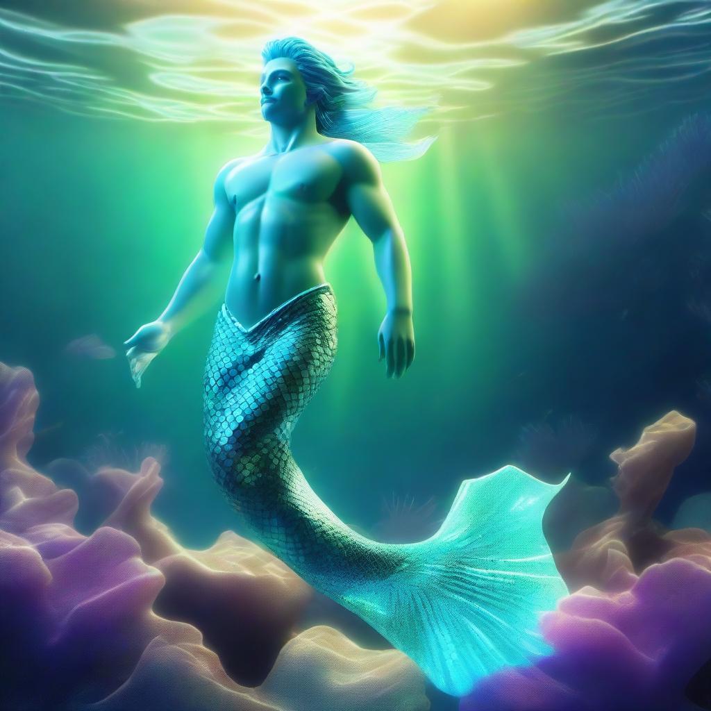 A 3D illustration of a twinkling merman with an aquamarine tail that glows, imbued with mystical light, residing in a vivid underwater landscape.