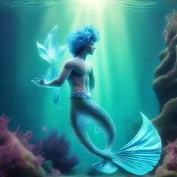 A 3D illustration of a twinkling merman with an aquamarine tail that glows, imbued with mystical light, residing in a vivid underwater landscape.