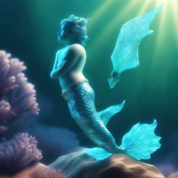 A 3D illustration of a twinkling merman with an aquamarine tail that glows, imbued with mystical light, residing in a vivid underwater landscape.