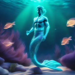 A 3D illustration of a twinkling merman with an aquamarine tail that glows, imbued with mystical light, residing in a vivid underwater landscape.