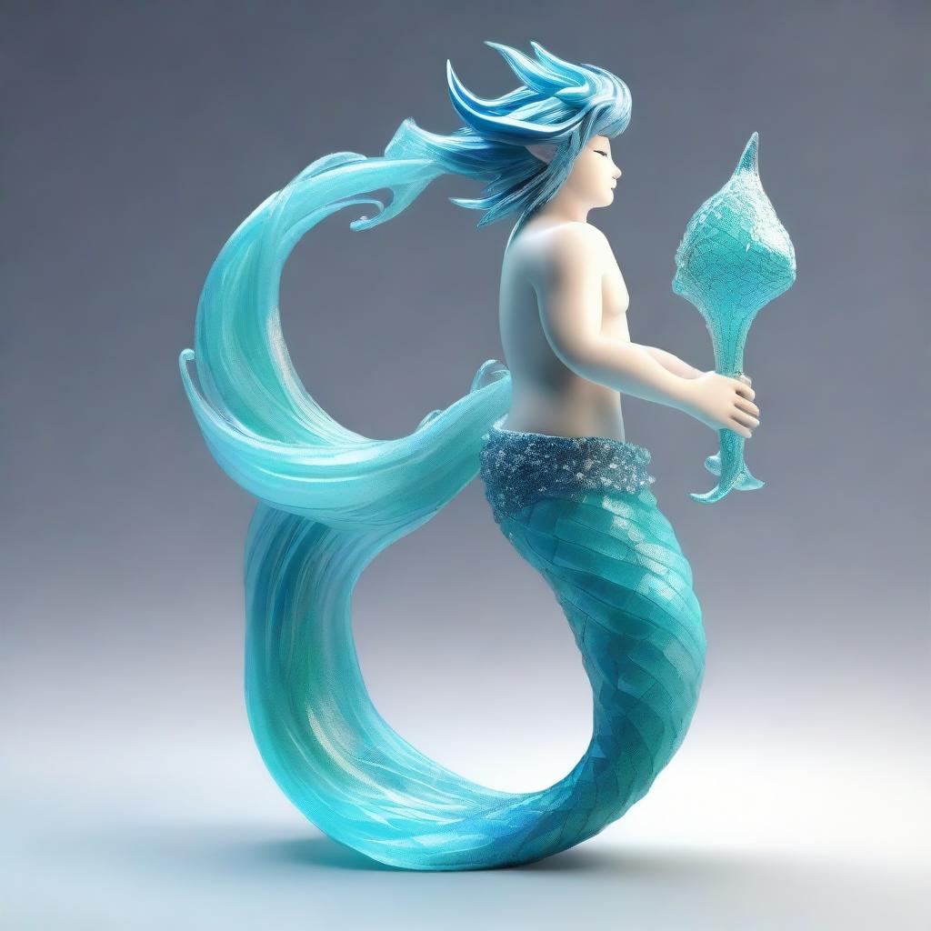 A 3D stylized anime merman adorned with a sparkling aquamarine tail, evocative of mystical underwater anime scenes.