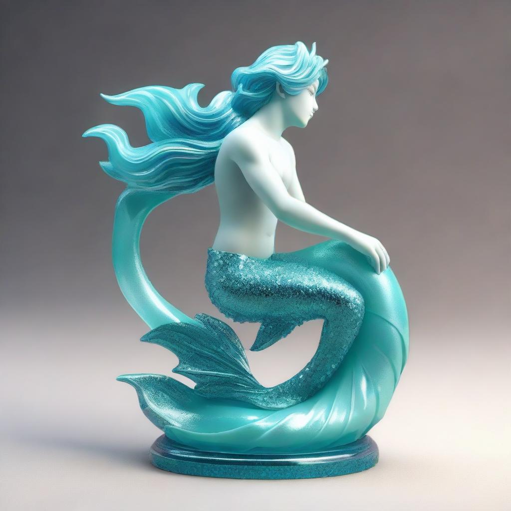 A 3D stylized anime merman adorned with a sparkling aquamarine tail, evocative of mystical underwater anime scenes.