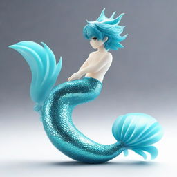 A 3D stylized anime merman adorned with a sparkling aquamarine tail, evocative of mystical underwater anime scenes.